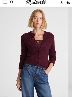 Madewell Pointelle-Stitch Cardigan in Cotton Blend in “Dark Pomegranate”